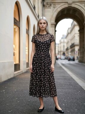 AUW Black Floral Midi Dress with Pink Blossom Print